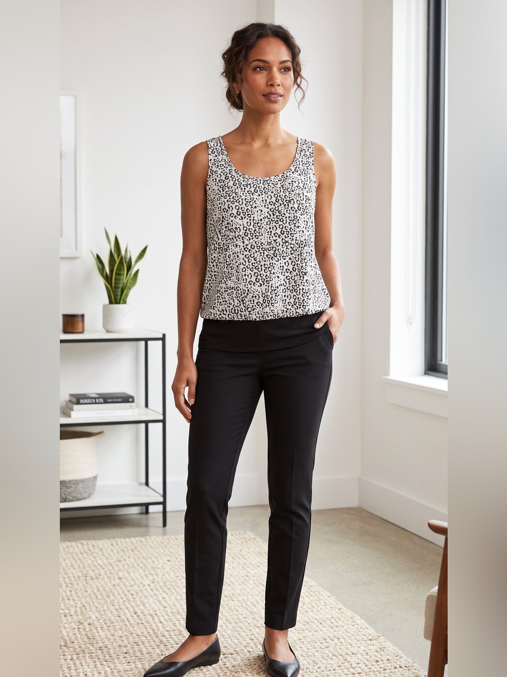 Anne Klein Black and White Leopard-Print Tank with Solid Black Band